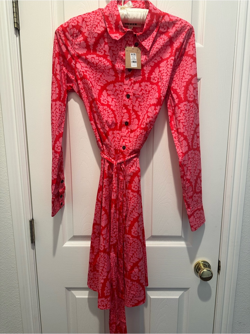 Boden Pink and Red Long-Sleeve Shirt Dress with Tie Waist